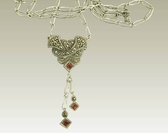 Gesigneerde Judith Jack-JJ sterlingzilveren marcasiet lavalierketting-vintage marcasiet ketting-victoriaans design-denk Downton Abbey