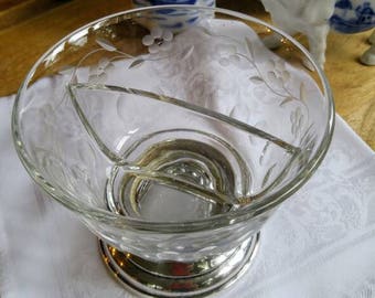 Heisey Glass y Boardman/Web Sterling ~ Plata de ley antigua y tazón de servicio dividido de vidrio grabado ~ Tazón de condimento