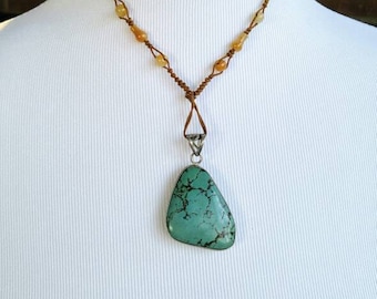 Turkoois ketting met gele jade macrame ketting NBJ371