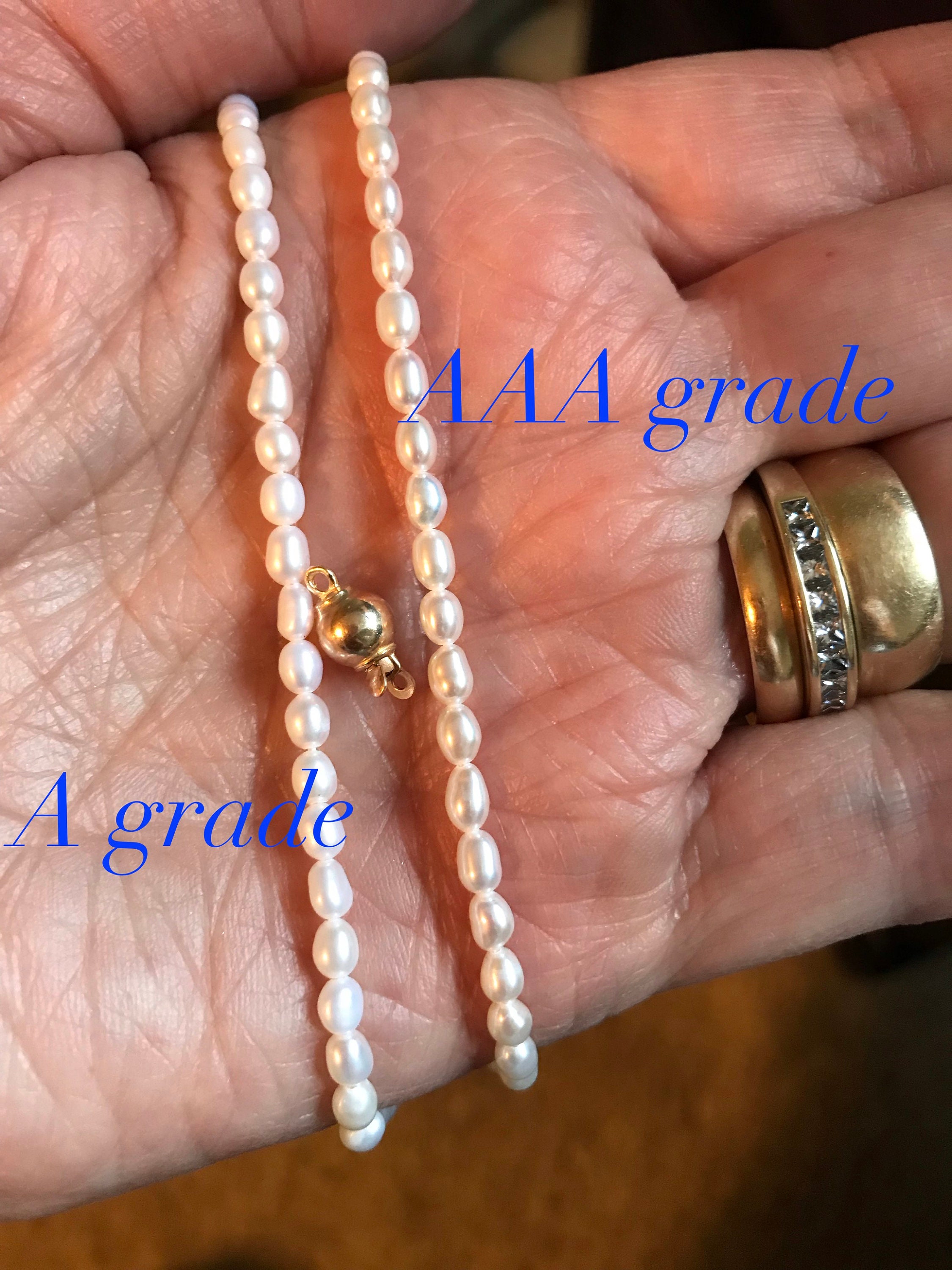 Cultured Rice Pearl Necklace CZ Sterling Foldover Clasp 14K Gold