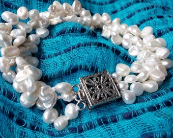 Three Strand Pearl Bracelet with Filigreed Sterling Silver Safety Clasp NBJ206 Bridal Wedding Bridesmaid ~ Mother of the Bride~Gift Wrapped
