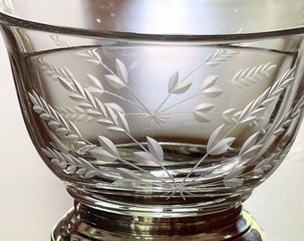 Verre Heisey et toile sterling ~ Bol de service divisé en argent sterling antique et verre gravé à l'acide ~ Bol à mayonnaise