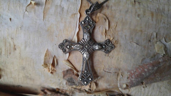 Cross Necklace Exquisite Marcasite Sterling Silve… - image 1