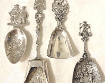 Cuatro cajas de té antiguas ~ Pala de azúcar antigua ~ Plata victoriana ~ Plata alemana ~ Plata 800 ~ Plata repujada