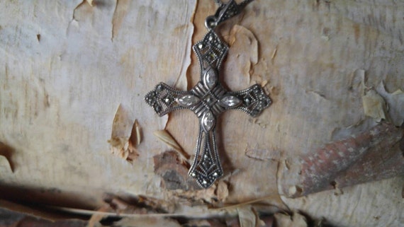 Cross Necklace Exquisite Marcasite Sterling Silve… - image 3