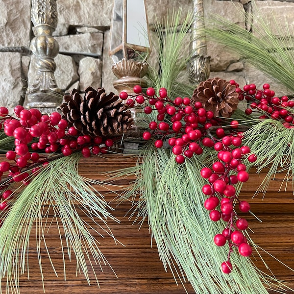 Free Priority Mail! 9 Feet of Beautiful Garland With or Without Berries~ Mixed Needle Pine Garland with Pinecones ~ Great Christmas Garland