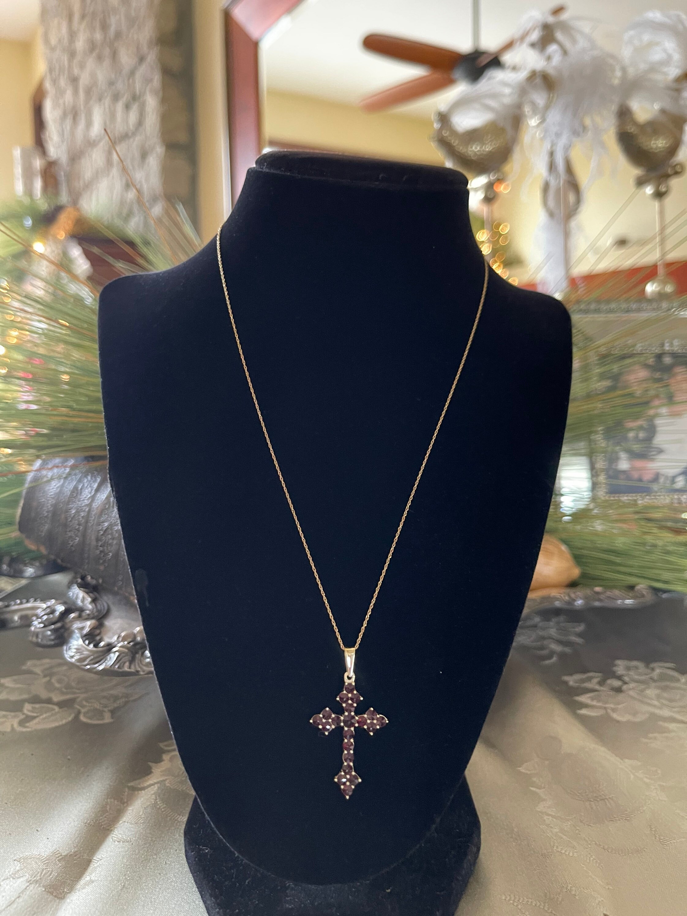 14K Lovely Garnet Cross Necklace ~ Rare Garnet Cross