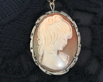 Collar de cameo victoriano ~ Hermoso y delicado camafeo de concha de plata 800 ~ Piensa en Downton Abbey