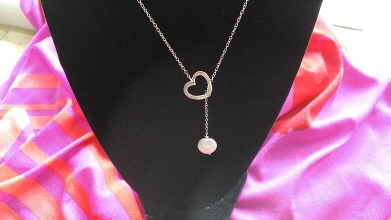 Sterling Silver Heart Lariat Coin Pearl Necklace NBJ357