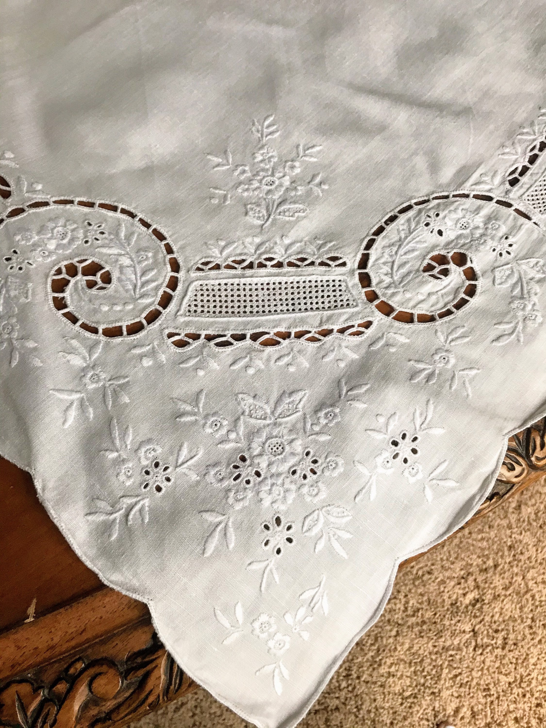 Antique Embroidered White Linen Tablecloth 45 Inches Point de Venise
