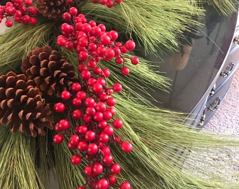 Envío gratuito... Hermosa guirnalda de bayas ~ W/WO Guirnalda de pino de agujas largas con piñas ~ Gran guirnalda navideña