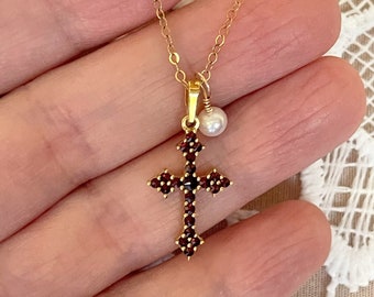 Collar de cruz de granate ~ Collar de cruz ~ Collar de granate ~ Cruz de granate bohemia