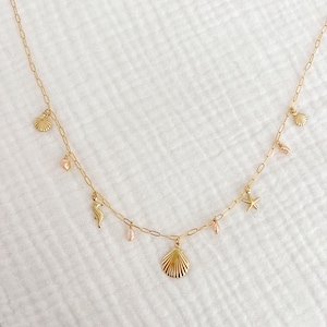 Dainty Gold Filled Charm Necklace with Tiny Freshwater Pearls Waterproof Lightweight