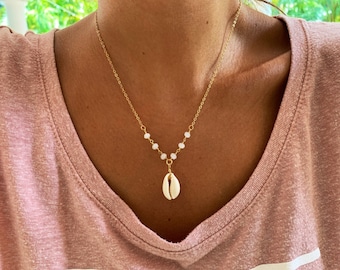 Cowrie Shell with Beaded Chain Necklace Gold Plated or Gold Filled