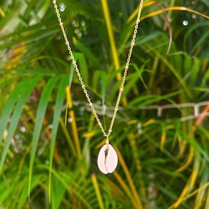 Handmade Real Cowrie Shell Necklace on Gold Plated Satellite Chain Ships