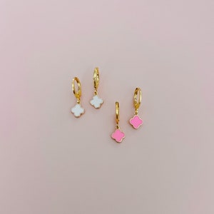 Tiny White or Pink Quatrefoil Gold Plated Huggie Hoop Earrings
