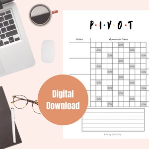 Könnte beinhalten: Ein druckbarer digitaler Download eines "PIVOT"-basierten Habit-Trackers. Der Tracker hat ein Raster mit Spalten, die mit "Gewohnheiten" und "Momentum-Punkten" beschriftet sind. Das Raster hat Zeilen mit Prozentangaben von 20% bis 100% und Platz zum Schreiben.