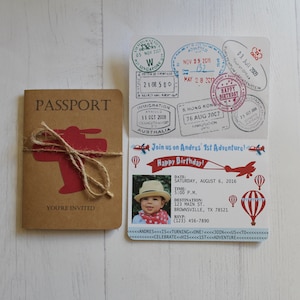 Passport Invitation Vintage Airplane - Time Flies- Airplane-Hot Air Balloon-Kids Birthday Party Invitation- set of 15