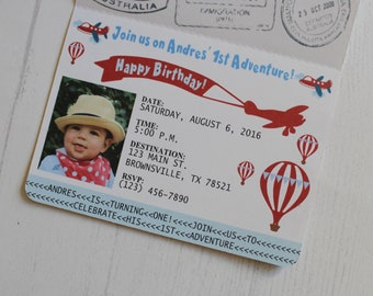 Passport Invitation Vintage Airplane - Time Flies- Airplane-Hot Air Balloon-Kids Birthday Party Invitation- set of 25