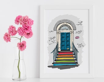 Rainbow Door Illustration Print, Colorful Building Poster