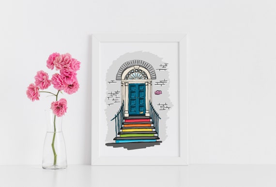 Rainbow Door Illustration Print, Rainbow Poster, Building Illustration