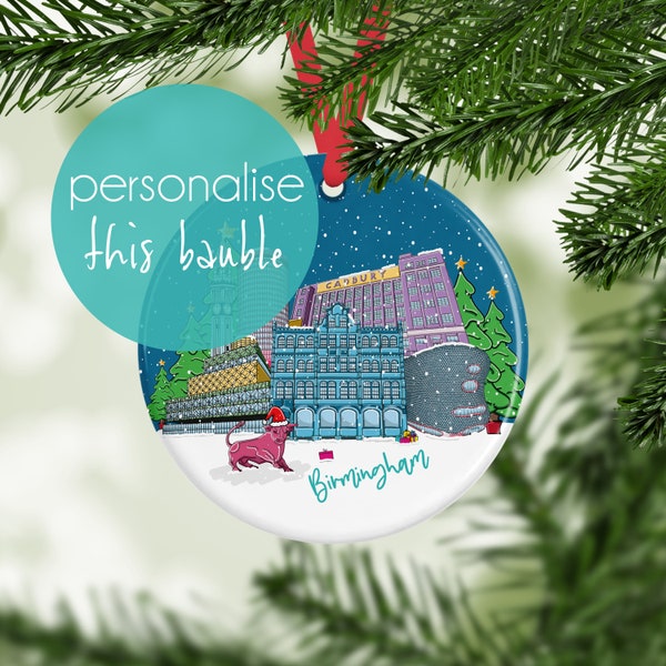 Personalised Birmingham Skyline Bauble, Xmas Gift, Ceramic Tree Decoration