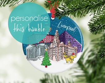 Personalised Liverpool Xmas Skyline Bauble