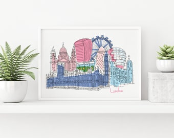 London Skyline Print, London Poster Illustration, London Travel Poster