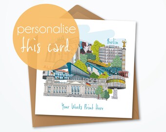 May include: A white card with a Berlin illustration, featuring landmarks like the Reichstag Building and Brandenburg Gate. The card has the text "Your Words Print Here" and is inside a brown envelope. An orange circle says "personalise this card".
