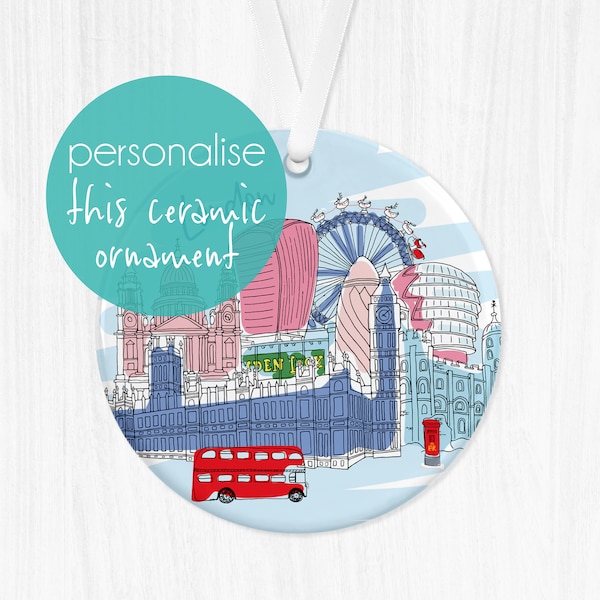 Personalised London Skyline Ceramic Ornament, Hanging Decoration, Sentimental Keepsake, Memory Gift