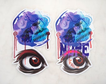 May include: Two stickers with a watercolor-style design featuring a horse, a UFO, and a cowboy hat. The stickers also feature a large eye with red and black accents and the text "Aw Hell No" and "Never Say Die".