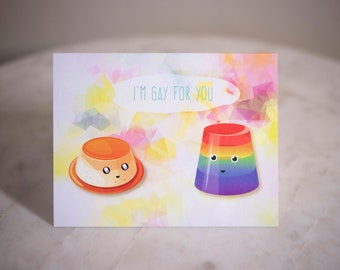 Gay For You Card - Cute Flan and Jello Love Story - Blank Inside - Greeting Card Valentine Birthday - LGBTQ Lesbian Gay Queer Pride Rainbow