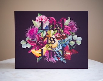 Puede incluir: Una tarjeta morada con un diseño floral y el texto "Lust is Lust" en negro.