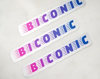 May include: Three white stickers with the word "Biconic" printed in a gradient of pink and blue. The word is stylized with a speed line effect.