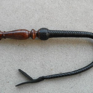 NEW Black Leather BULL WHIP with Wood Wooden Handle
