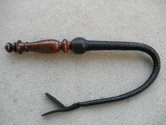 NEW Black Leather BULL WHIP with Wood Wooden Handle