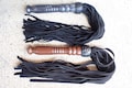 Handmade Black Leather Flogger with Wooden Handle – Genuine Leather BDSM Whip for Couples – Impact Play Toy