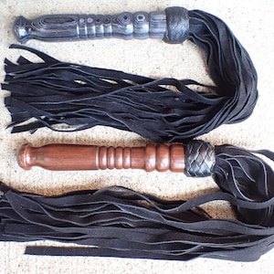 Handmade Black Leather Flogger with Wooden Handle – Genuine Leather BDSM Whip for Couples – Impact Play Toy