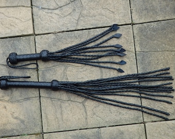 BÖSE lange oder kurze voll geflochtene schwarze Leder GEFLOCHTENE Flogger Katze von 9 12 Schwänze