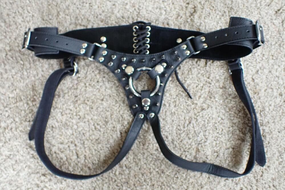 Leather Strapon Pelvic Harness with Spikes - Size Adjustable with Buckles and Corset Closure