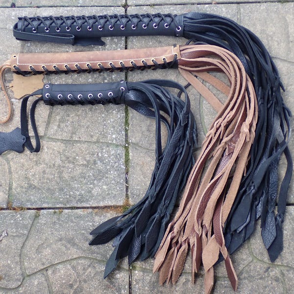 BIG or Mini MAX HEAVY Thuddy Black or Brown Thick Leather Flogger Tails - Corset Handle - Horse Trainer