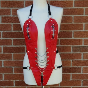 Sexy Red or Black Leather Bra Panties TEDDY Outfit w Strategic Zippers Chains G-String Corset