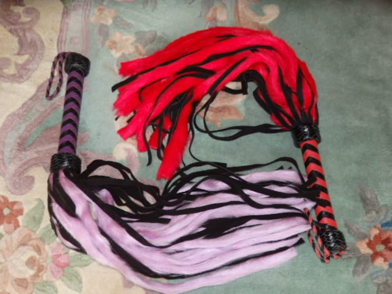 BLACK or RED or PURPLE or Turquoise Teal Leather & Fur Mop Flogger - Amazing Gift Idea 