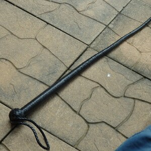 May include: A black leather whip with a braided handle and a long, tapered shaft. The whip is lying on a textured, light brown surface. The handle has a rounded, knotted design with a loop.