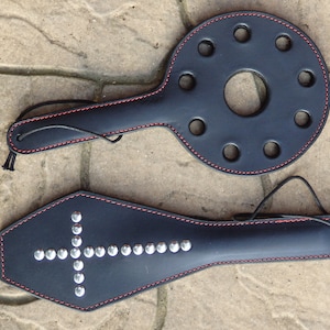 Leather COFFIN STUDDED or ROUND Paddle - Holes or Studs - Vampire