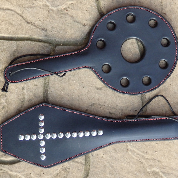 Leather COFFIN STUDDED or ROUND Paddle - Holes or Studs