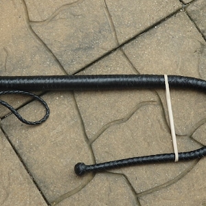 May include: A black leather whip with a braided handle and a looped wrist strap. The whip is secured with a light-colored rubber band. The whip's handle has a woven pattern.