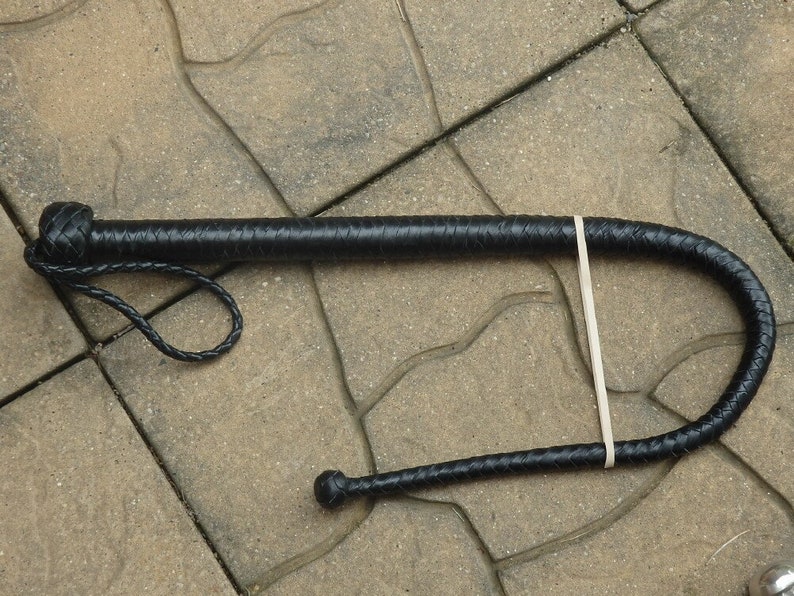 May include: A black leather whip with a braided handle and a looped wrist strap. The whip is secured with a light-colored rubber band. The whip's handle has a woven pattern.