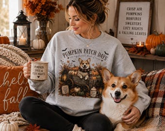 Pumpkin Patch Corgi Sweatshirt, Autumn Dog Mom Crewneck, Spooky Season Pet Lover Shirt, Fall Corgi Reading Sweater, Cozy Autumn Gift