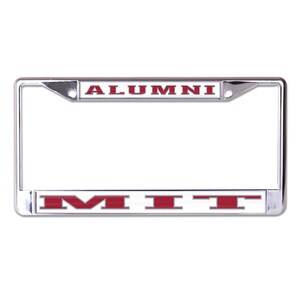 May include: A silver license plate frame with a red and white MIT logo and the word "ALUMNI" in red letters.
